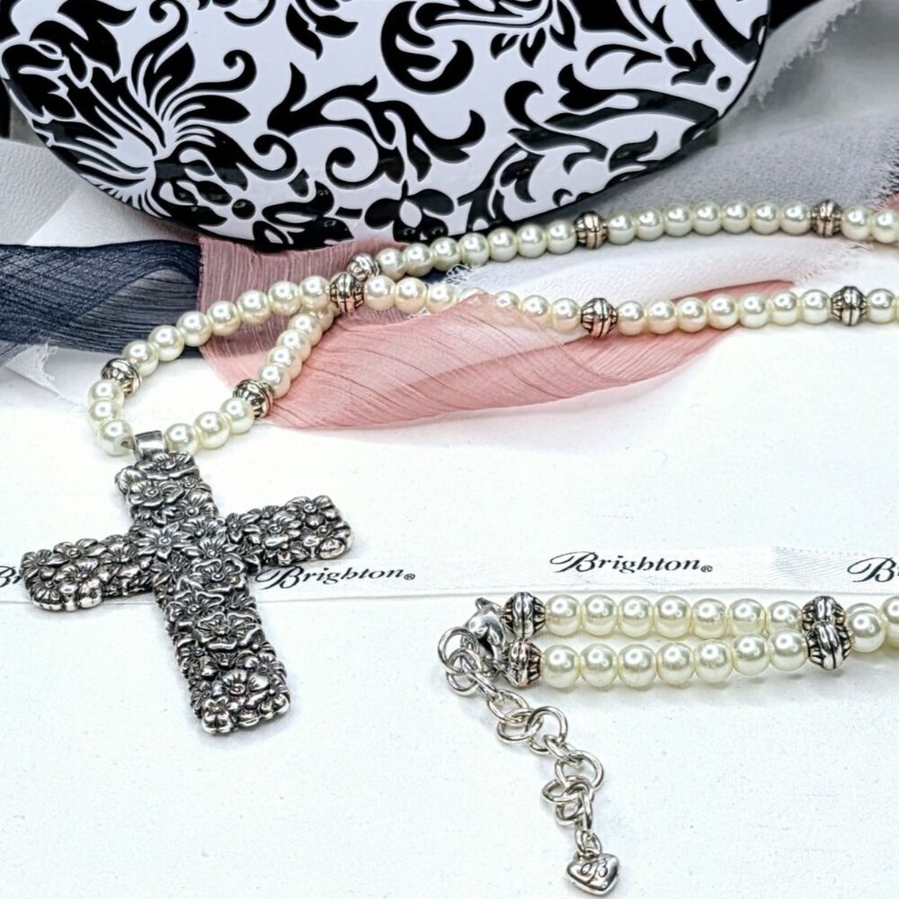 Brighton Lola Cross Silver-plated Faux Pearl Statement Necklace